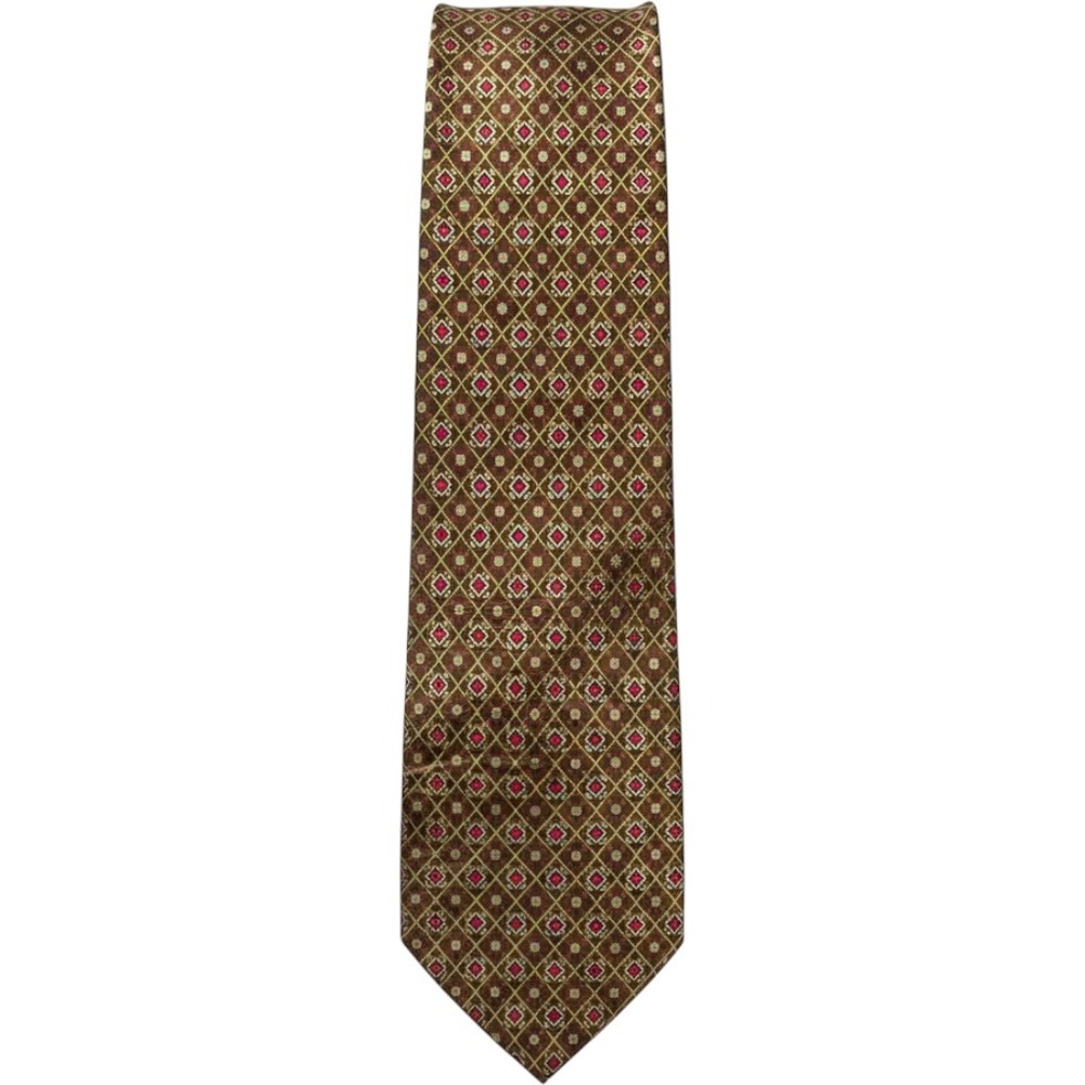 Brioni Roma Silk Tie Brown Red Gold Geometric Diamond Pattern Made in Italy